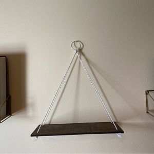 Walnut stained macrame hanging shelf